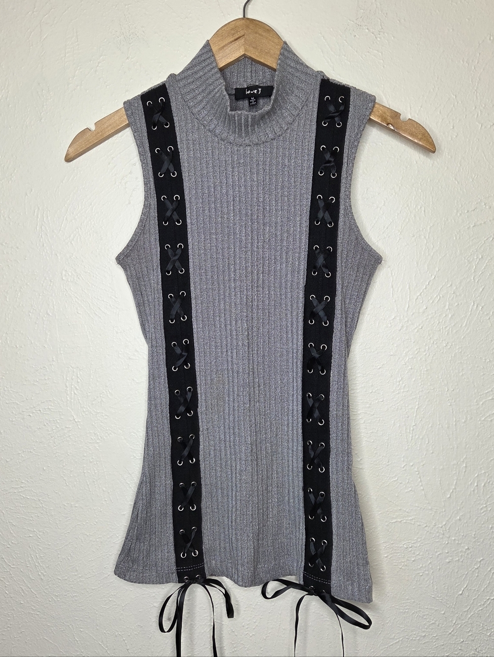 Love J Lace-Up Ribbed Knit Top Goth Grunge Y2K Fitted Sleeveless Gray Medium